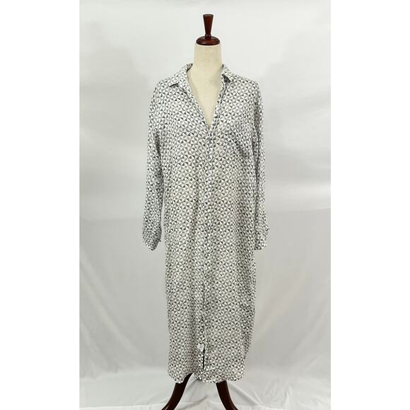 FRANK & EILEEN M Medium Black White Geometric Linen Maxi Rory Shirtdress Dress - Picture 2 of 10